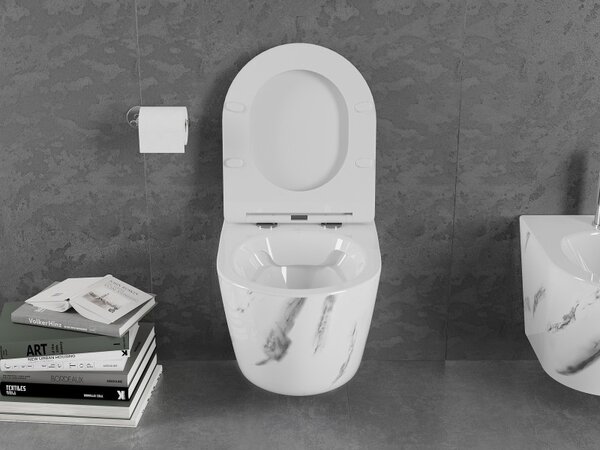 Mexen Lena, závesná WC misa Rimless s duroplastovým sedátkom s pomalým zatváraním, imitácia mramoru-biely kameň, 30224092