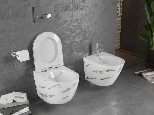 Mexen Lena, závesná WC misa Rimless s duroplastovým sedátkom s pomalým zatváraním, imitácia mramoru-biely kameň, 30224091