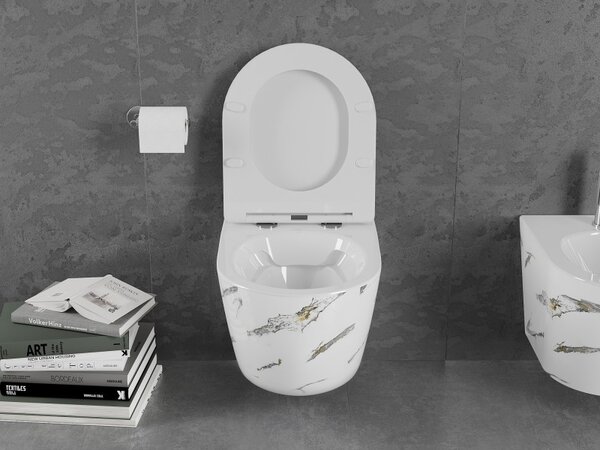 Mexen Lena, závesná WC misa Rimless s duroplastovým sedátkom s pomalým zatváraním, imitácia mramoru-biely kameň, 30224091