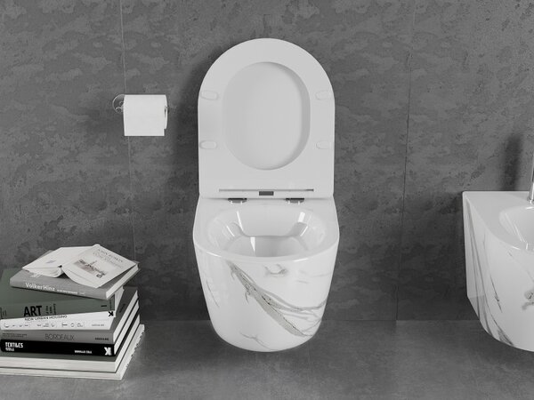 Mexen Lena, závesná WC misa Rimless s duroplastovým sedátkom s pomalým zatváraním, imitácia mramoru-biely kameň, 30224094