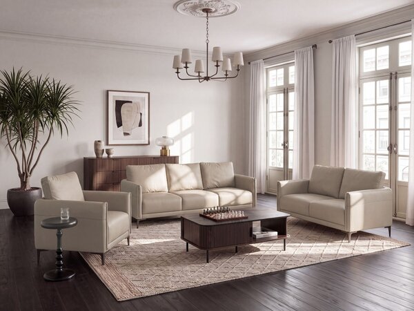6-miestna sedacia súprava sivobéžové látkové čalúnenie s kovovými nohami minimalistický mid-century modern štýl obývacia izba
