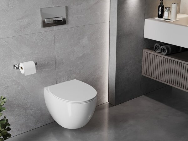 Mexen Egg, závesná WC misa Rimless s duroplastovým sedátkom s pomalým zatváraním, biela lesklá, 30245000