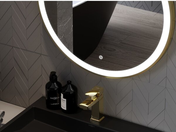 Mexen Esso, okrúhle LED podsvietené kúpeľňové zrkadlo 70 cm, 6000K, vykurovacia podložka proti zahmlievaniu, zlatý rám, 9825-070-070-611-50