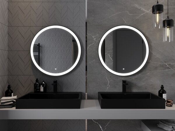 Mexen Esso, okrúhle LED podsvietené kúpeľňové zrkadlo 70 cm, 6000K, vykurovacia podložka proti zahmlievaniu, čierny rám, 9825-070-070-611-70