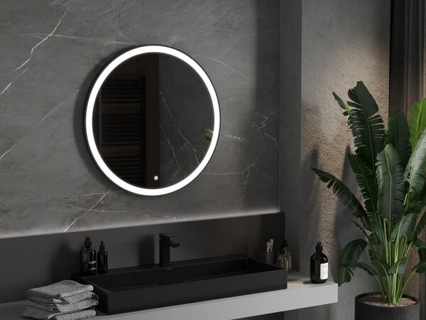 Mexen Esso, okrúhle LED podsvietené kúpeľňové zrkadlo 80 cm, 6000K, vykurovacia podložka proti zahmlievaniu, čierny rám, 9825-080-080-611-70