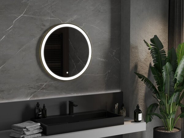 Mexen Esso, okrúhle LED podsvietené kúpeľňové zrkadlo 70 cm, 6000K, vykurovacia podložka proti zahmlievaniu, zlatý rám, 9825-070-070-611-50