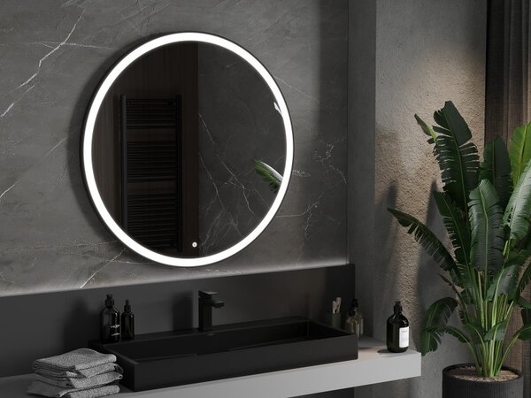 Mexen Esso, okrúhle LED podsvietené kúpeľňové zrkadlo 100 cm, 6000K, vykurovacia podložka proti zahmlievaniu, čierny rám, 9825-100-100-611-70