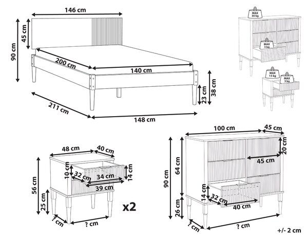 Spálňová zostava svetlohnedá borovicové drevo posteľ 140 x 200 cm dva nočné stolíky komoda so 6 zásuvkami škandinávsky štýl spálňa