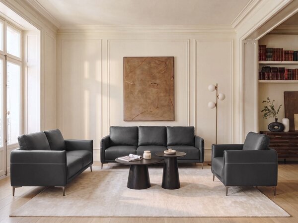 6-miestna sedacia súprava čierne látkové čalúnenie s kovovými nohami minimalistický mid-century modern štýl obývacia izba
