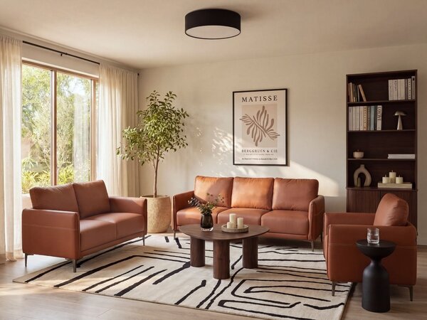 6-miestna sedacia súprava zlatohnedé látkové čalúnenie s kovovými nohami minimalistický mid-century modern štýl obývacia izba