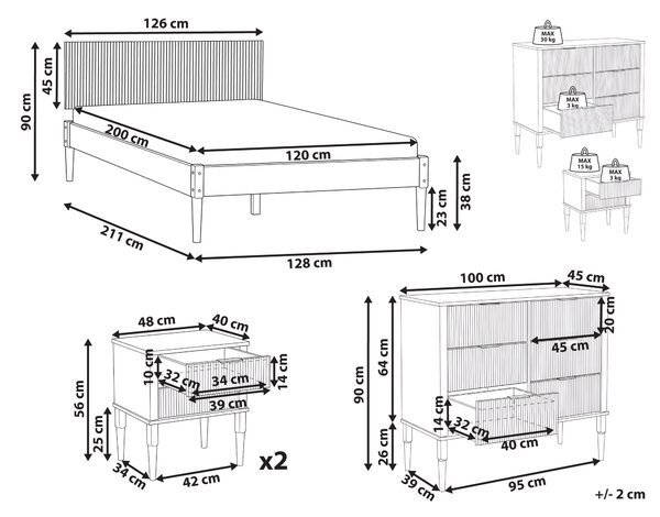 Spálňová zostava svetlohnedá borovicové drevo posteľ 120 x 200 cm dva nočné stolíky komoda so 6 zásuvkami škandinávsky štýl spálňa