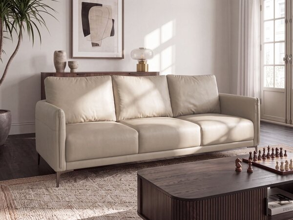 3-miestna pohovka sivobéžové látkové čalúnenie s kovovými nohami minimalistický mid-century modern štýl obývacia izba