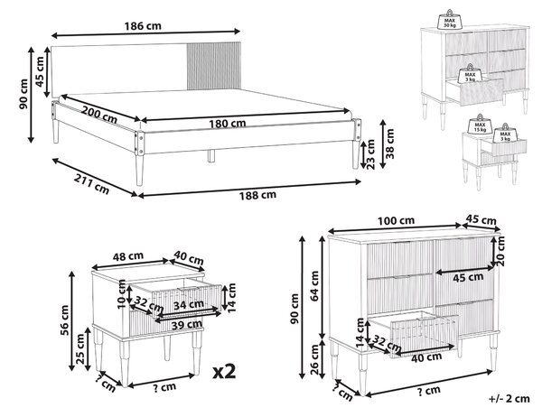 Spálňová zostava svetlohnedá borovicové drevo posteľ 180 x 200 cm dva nočné stolíky komoda so 6 zásuvkami škandinávsky štýl spálňa