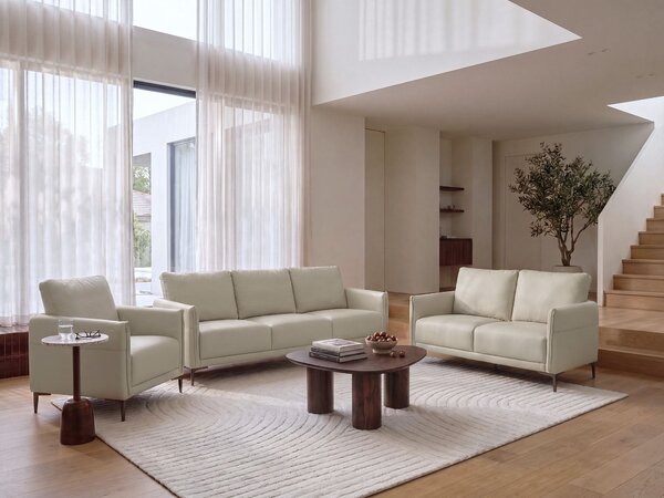 6-miestna sedacia súprava svetlobéžové látkové čalúnenie s kovovými nohami minimalistický mid-century modern štýl obývacia izba