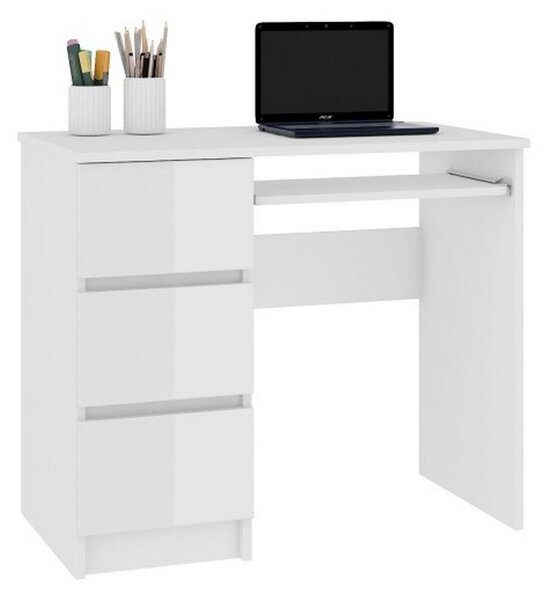 Písací stôl KORDA A-6, 90x77x50, biela/biela lesk, ľavá