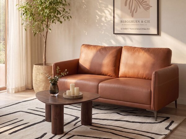 2-miestna pohovka zlatohnedé látkové čalúnenie s kovovými nohami minimalistický mid-century modern štýl obývacia izba
