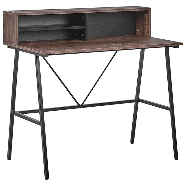Domáci kancelársky stôl tmavé drevo 100 x 50 cm čierny kovový rám s policami