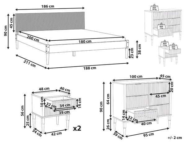 Spálňová zostava svetlohnedá borovicové drevo posteľ 180 x 200 cm dva nočné stolíky komoda so 6 zásuvkami škandinávsky štýl spálňa