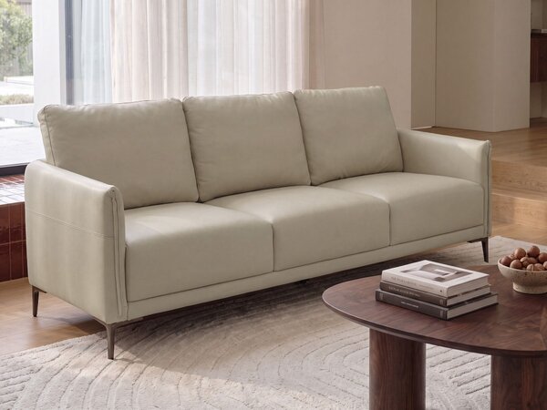 3-miestna pohovka svetlobéžové látkové čalúnenie s kovovými nohami minimalistický mid-century modern štýl obývacia izba
