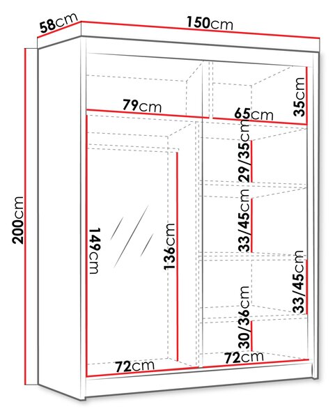 Vysoká šatníková skriňa 150 cm so zrkadlom TENAHA - biela / čierna