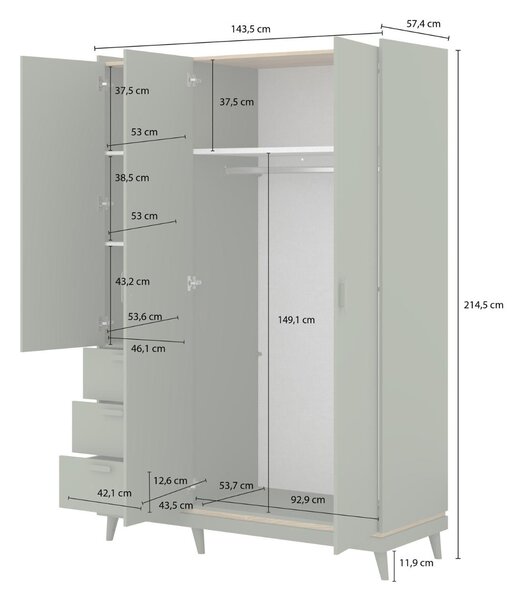 Trojdverová skriňa so šuplíkmi 144 cm ARWEN - dub / tehlová