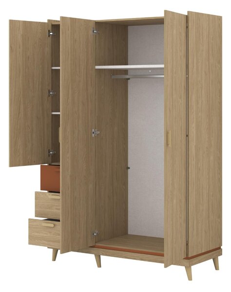 Trojdverová skriňa so šuplíkmi 144 cm ARWEN - dub / tehlová