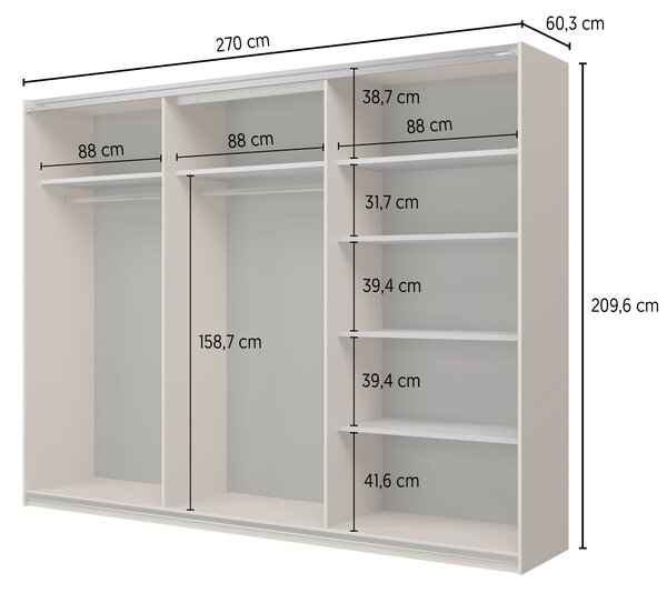 Šatníková skriňa 270 cm DEVORAH s posuvnými dverami - kašmír / béžová