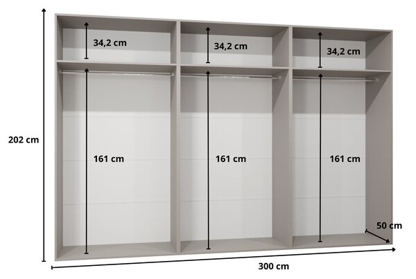 Veľká zrkadlová šatníková skriňa 300 cm AMARIS 2 - čierna / kašmírové úchyty