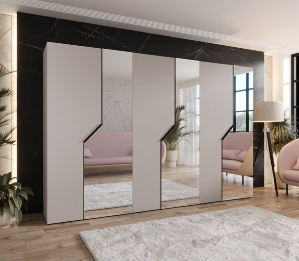 Široká zrkadlová skriňa 300 cm ELIRA 2 - kašmír / čierne úchyty