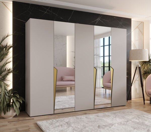 Široká šatníková skriňa 250 cm SORAYA 2 so zrkadlom - kašmír / zlaté úchyty