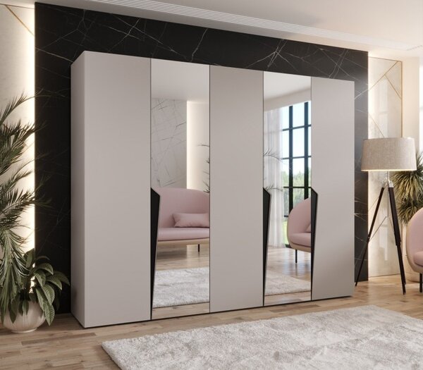 Široká šatníková skriňa 250 cm SORAYA 2 so zrkadlom - kašmír / čierne úchyty