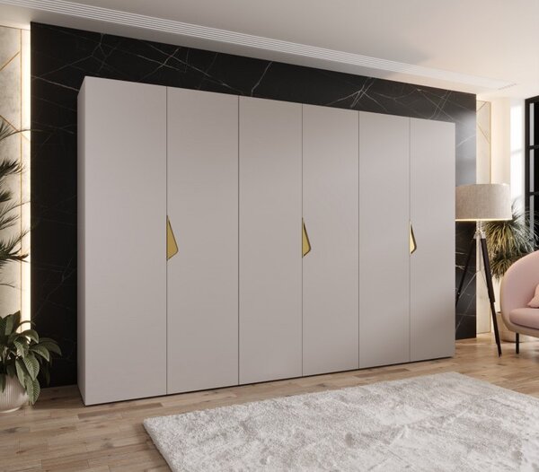 Elegantná šatníková skriňa 300 cm AMARIS 1 - kašmír / zlaté úchyty