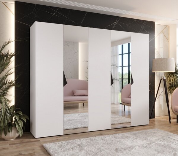 Široká šatníková skriňa 250 cm AMARIS 2 so zrkadlom - biela / čierne úchyty