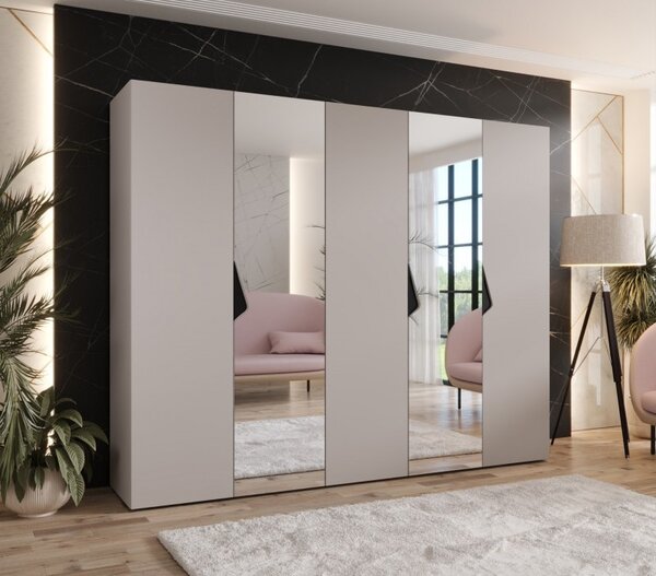 Široká šatníková skriňa 250 cm AMARIS 2 so zrkadlom - kašmír / čierne úchyty