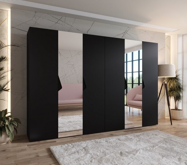Elegantná zrkadlová skriňa 300 cm AMARIS 2 - čierna / čierne úchyty