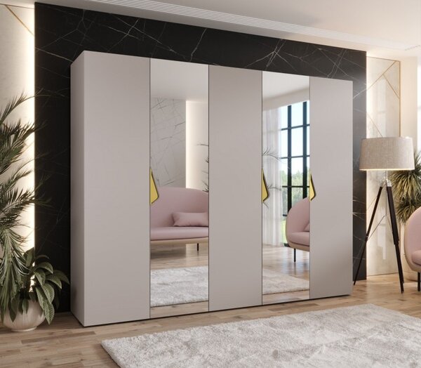 Široká šatníková skriňa 250 cm AMARIS 2 so zrkadlom - kašmír / zlaté úchyty