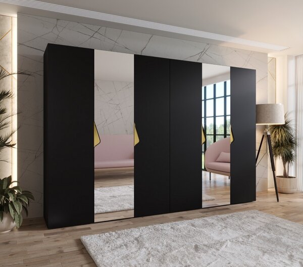Elegantná zrkadlová skriňa 300 cm AMARIS 2 - čierna / zlaté úchyty