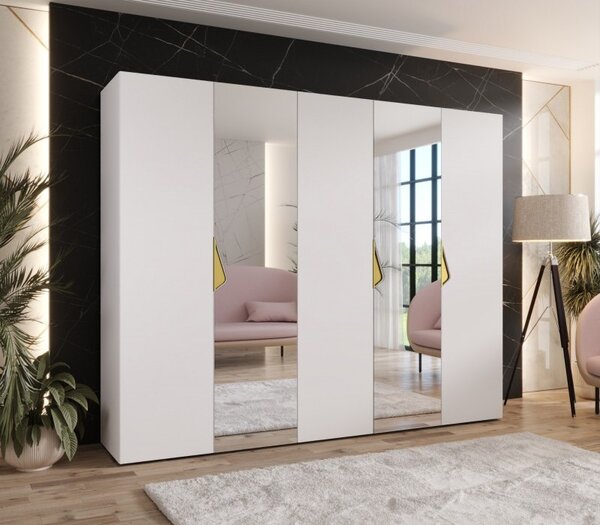 Široká šatníková skriňa 250 cm AMARIS 2 so zrkadlom - biela / zlaté úchyty