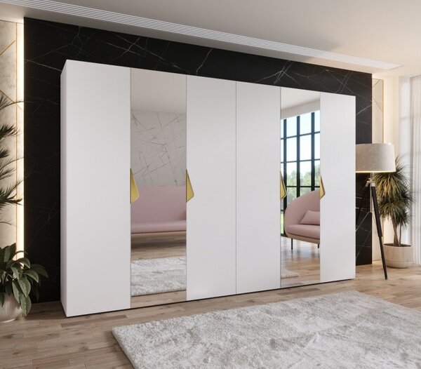 Elegantná zrkadlová skriňa 300 cm AMARIS 2 - biela / zlaté úchyty