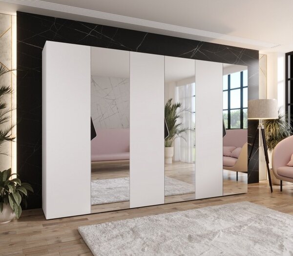 Veľká zrkadlová šatníková skriňa 300 cm AMARIS 2 - biela / čierne úchyty