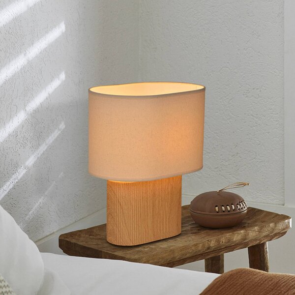 Stolová lampa Santorini, svetlé drevo/béžová, 38 cm, ľan/keramika, Svetlé drevo, Obývacia izba / jedáleň, Keramický, Stojacie svietidlo