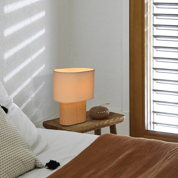 Stolová lampa Santorini, svetlé drevo/béžová, 38 cm, ľan/keramika, Svetlé drevo, Obývacia izba / jedáleň, Keramický, Stojacie svietidlo