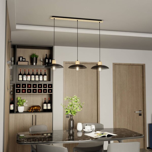 EMIBIG LIGHTING Závesné svietidlo Kobe, 3-plameňové, oceľ, drevo, čierne, Čierna, Obývacia izba / jedáleň, kov, Závesné svietidlo