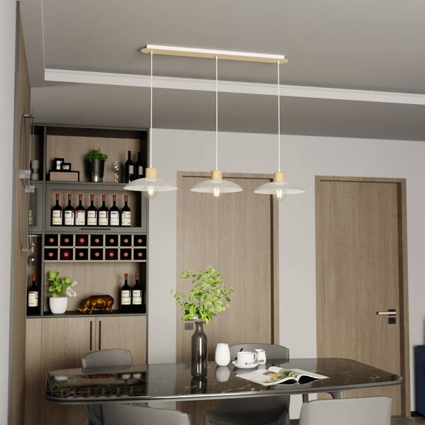 EMIBIG LIGHTING Závesné svietidlo Kobe, trojsvetlo, oceľ, drevo, biela, Biela / opálová, Obývacia izba / jedáleň, kov, Závesné svietidlo