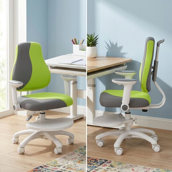 Detská rastúca stolička Neoseat KINDER WHITE PLUS — látka, šedá / zelená