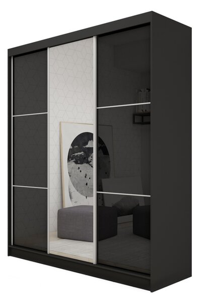 Skriňa s posuvnými dverami a zrkadlom VIVIANA, čierna, 180x216x61