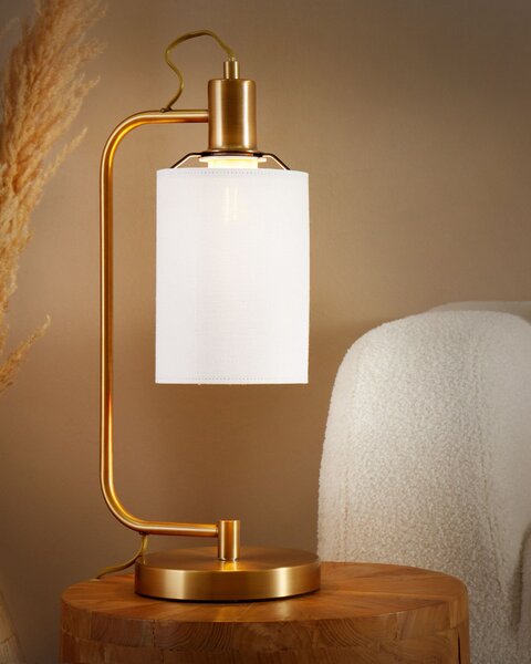 Stolná lampa biele ľanové tienidlo medený kovový podstavec 46 cm moderné svietidlo industriálny štýl