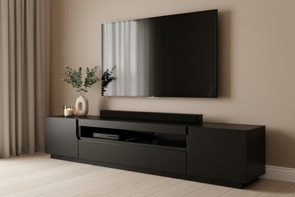 TV stolík Loftia 200 cm s otvorenou policou - čierny mat