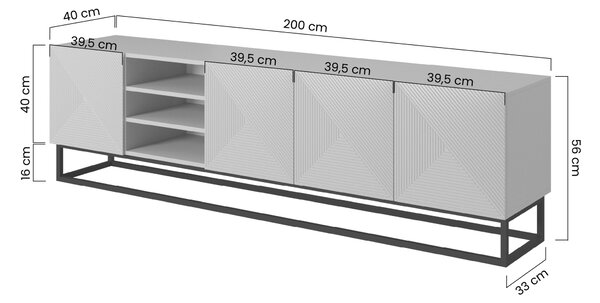 TV skrinka Asha 200 cm s otvorenými policami na podstavci - dub artisan / čierny mat