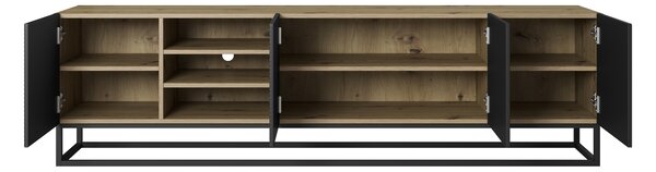 TV skrinka Asha 200 cm s otvorenými policami na podstavci - dub artisan / čierny mat